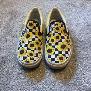 Custom Women’s Checkerboard Sunflower Slip-On Vans, Size 9